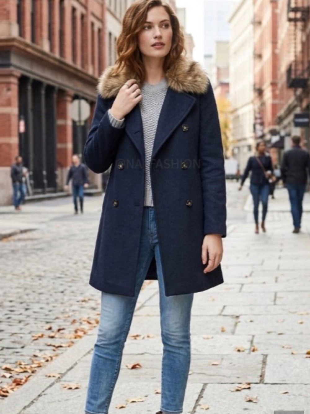 NWT Loft Navy Double-Breasted Coat with Faux Fur Collar